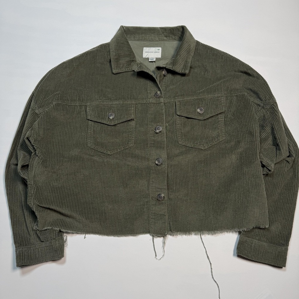 American Eagle Jacket Womens Medium Green Corduroy Cropped Raw Hem Button Front